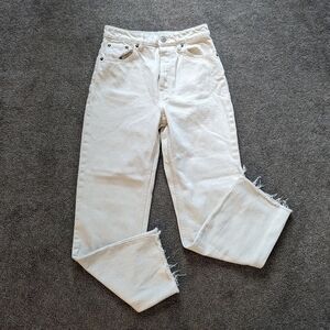Zara high rise wide leg cream jeans Size 36 button fly raw hem